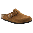 The BIRKENSTOCK Men's Boston Soft Footbed Mink is a brown suede clog featuring a rounded toe, adjustable side strap with metal buckle, soft footbed, and black rubber sole.