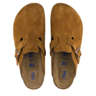 The Birkenstock Men's Boston Soft Footbed Mink clogs by BIRKENSTOCK feature brown suede, buckled straps, and a soft footbed, shown from above on a white background.