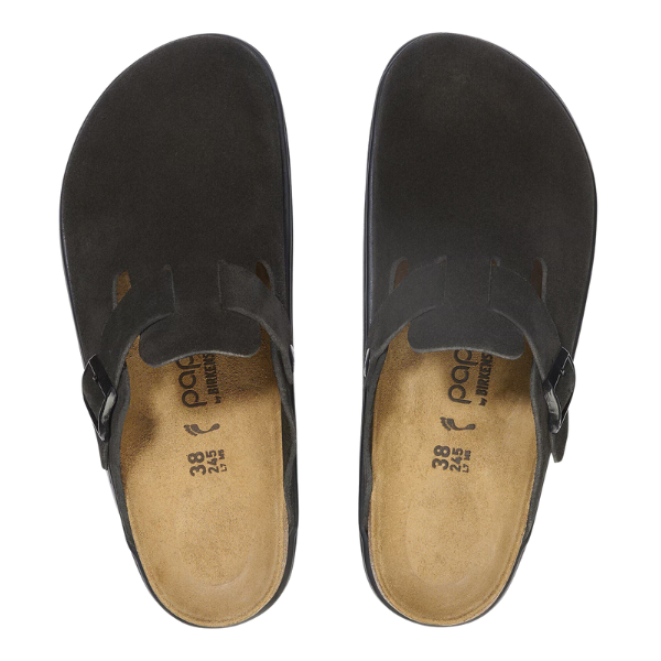 The BIRKENSTOCK Women's Boston Chunky Black features slip-on styling, side buckles, open backs, and contoured footbeds, shown from above on a white background.