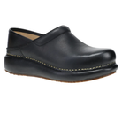The Dansko Women's Platform Pro Cloud Black is a black leather clog with a closed toe, smooth finish, visible stitching, slightly raised heel, and a brown slip-resistant outsole.