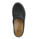 Top view of the Dansko Women's Platform Pro Cloud Black clog, featuring black leather, a tan perforated insole with an embossed DANSKO logo, and a slip-resistant sole for safety.