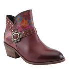 The SPRING STEP Daintylady Boot for women in Bordeaux features a reddish-brown leather toe, floral upper, brass studs, a silver buckle detail, and a chunky stacked heel—perfect for adding stylish flair to your look.