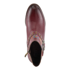 Top view of the Spring Step Women's Daintylady Boot in Bordeaux, featuring maroon leather, decorative stitching, a colorful ankle trim, and a side metal zipper.