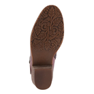 The image shows the sole of the Spring Step Women's Daintylady Boot in Bordeaux, a low-heeled ankle boot with an embossed floral and leaf pattern—ideal for those who love detailed SPRING STEP footwear.