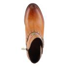 Top view of the Spring Step Women's Daintylady Boot Camel by SPRING STEP—a tan leather western boot featuring intricate floral embroidery, a textured sole, and a metal side zipper that highlights its unique artistry.