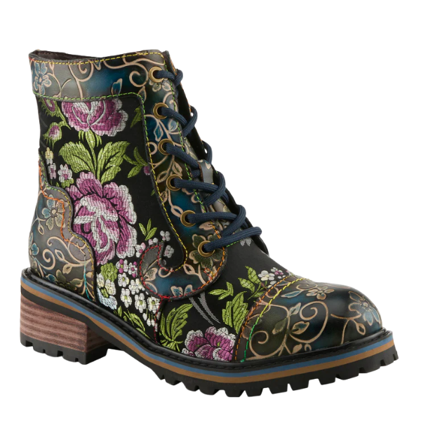 The Spring Step Women's Fantastic Blue Multi booties by SPRING STEP feature a chunky heel, colorful floral embroidery in pink, green, and gold, intricate patterns, and a rugged brown sole.