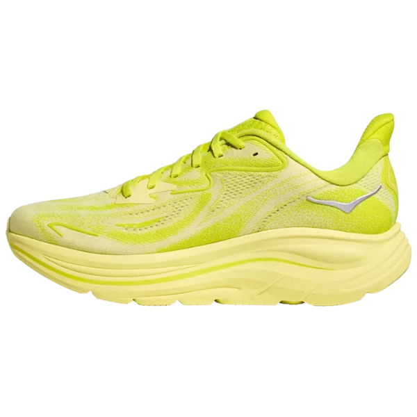 The HOKA Men's Clifton 10 Wide Neon Citrus features a mesh upper, thick cushioned sole, and subtle silver logo. These running shoes combine modern design with support for plantar fasciitis, ideal for athletic use.