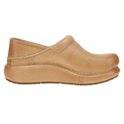 The Dansko Women's Honey Pro Cloud / Honey by DANSKO is a tan leather slip-on clog with a textured surface, rounded toe, low heel, visible stitching, and a slip-resistant outsole, shown from the side on a white background.