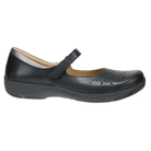 The DANSKO Women's Stacy Black shoe features a leather Mary Jane design with an instep strap and decorative toe cut-outs, offering comfort and style—perfect for women seeking supportive, elegant footwear.