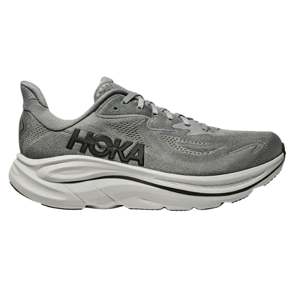 The HOKA Men's Clifton 10 Galactic Grey features a breathable mesh upper, thick white cushioned sole, and black HOKA logo—shown in side profile on a white background; perfect for comfort and performance.