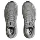 A pair of HOKA Men's Clifton 10 Galactic Grey running shoes seen from above, with cushioned comfort, visible laces, breathable mesh upper, and the HOKA logo on the insoles.