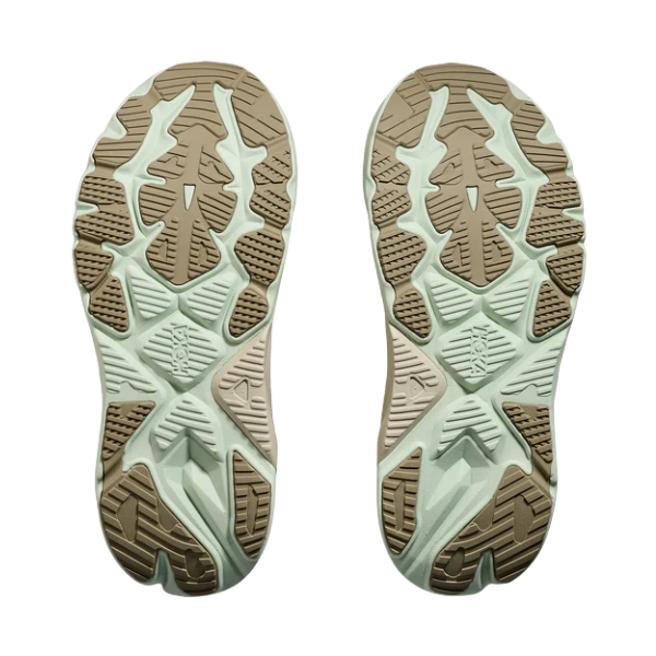 The HOKA Women's Arahi 8 Oyster Mushroom running shoes feature brown and white textured soles for traction and flexibility, offering ideal support for plantar fasciitis—shown from the bottom on a white background.