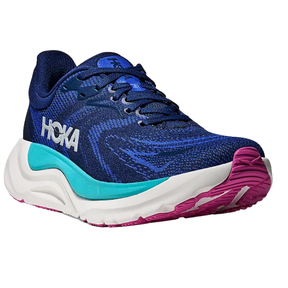 The HOKA Women's Arahi 8 Midnight Blue features a thick white and teal sole with pink accents, shown angled on a white background—providing ideal stability and support for those with plantar fasciitis.