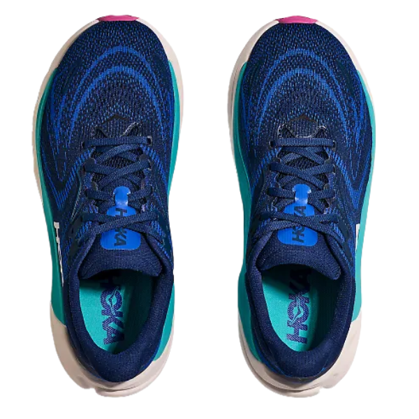 The HOKA Women's Arahi 8 Midnight Blue, seen from above, features a blue mesh upper with teal and white sides, pink toe accents, and the HOKA logo on the insole—perfect stability shoes for plantar fasciitis.