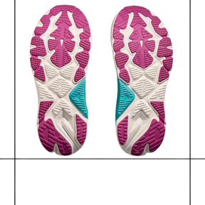 Two HOKA Women's Arahi 8 Midnight Blue shoe soles are shown from below, displaying a white base with purple and teal tread patterns, placed side by side on a white surface marked with black grid lines.