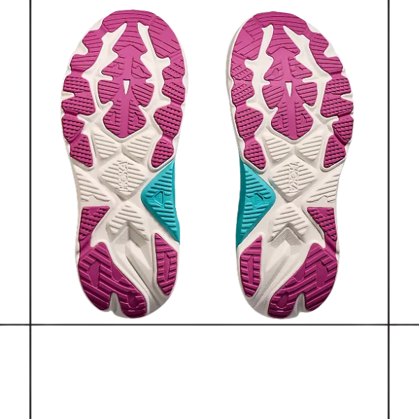 Two HOKA Women's Arahi 8 Midnight Blue shoe soles are shown from below, displaying a white base with purple and teal tread patterns, placed side by side on a white surface marked with black grid lines.