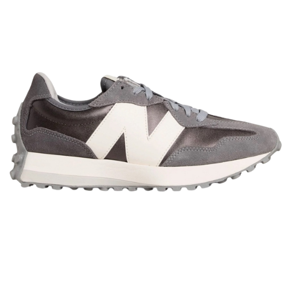 Black and gray New Balance Women's 327 sneakers with a white N logo, designed for style and foot pain relief.