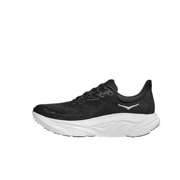 HOKA Women's Arahi 8 Black/White: stability running shoe for overpronation and plantar fasciitis, shown in profile.