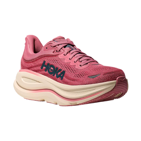 A HOKA Women's Bondi 9 Cranberry running shoe with a thick off-white sole and navy logo on a white background.