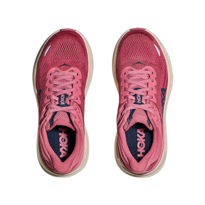 A top view of Hoka Women's Bondi 9 Cranberry shoes by HOKA, highlighting their cushioned design.