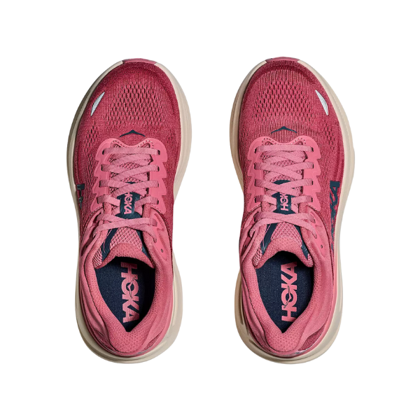 A top view of Hoka Women's Bondi 9 Cranberry shoes by HOKA, highlighting their cushioned design.
