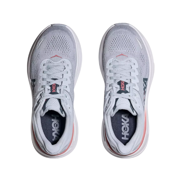 A pair of HOKA Women's Bondi 9 Wide in Mineral Blue/Washed Blue, viewed from above on a white background.