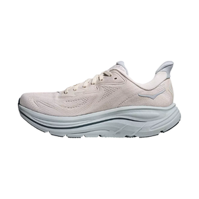 HOKA Women's Clifton 10 Wide in Grout/Blue with cushioned sole and mesh upper, shown in side profile view.