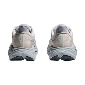 A pair of HOKA Women's Clifton 10 Wide running shoes in Grout/Blue seen from the back on a white background.