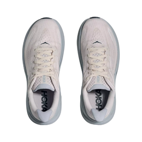 Top view of HOKA Women's Clifton 10 Wide running shoes in Grout/Blue with white laces on a white background.