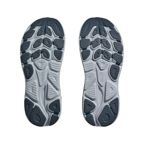 HOKA Women's Clifton 10 Wide sneakers in Grout/Blue feature cushioned comfort and a textured black-gray pattern.