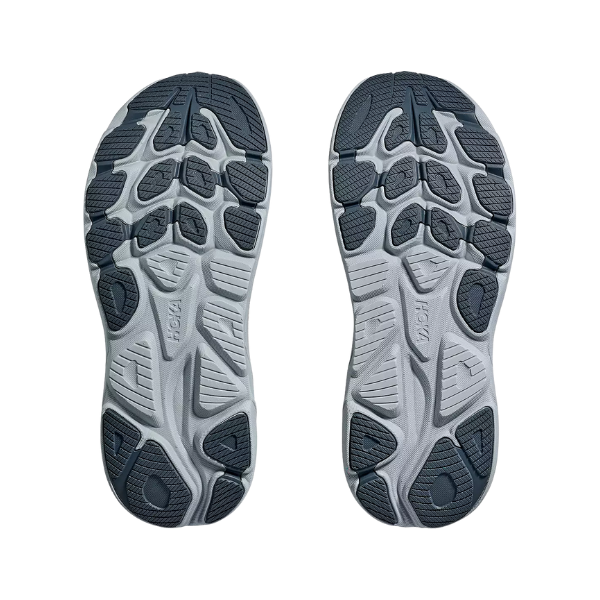 HOKA Women's Clifton 10 Wide sneakers in Grout/Blue feature cushioned comfort and a textured black-gray pattern.