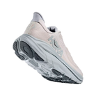 The HOKA Women's Clifton 10 Wide in Grout/Blue features a thick, cushioned sole and visible tread pattern.