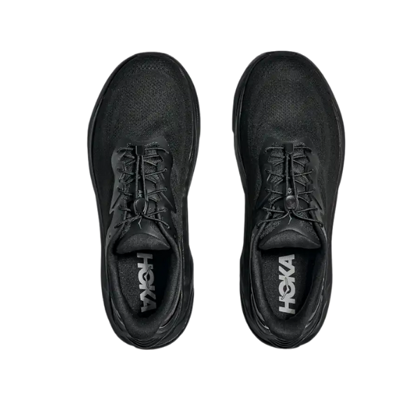 Top view of HOKA Men's Arahi SR Black/Black Wide stability shoes with elastic laces on a white background.