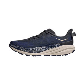 Grey and blue HOKA Men's Speedgoat 6 trail shoe with textured sole and speckled midsole on white background.