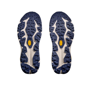 HOKA Men's Speedgoat 6 Grey/Blue Wide trail shoes with rugged soles, ideal for technical terrain.