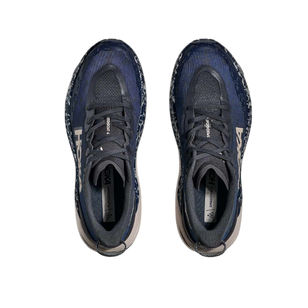 Top view of HOKA Men's Speedgoat 6 Grey/Blue Wide trail shoes for technical terrain on a white background.