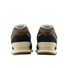 NEW BALANCE Men's 574 sneakers in brown/silver with white soles, shown from the back.