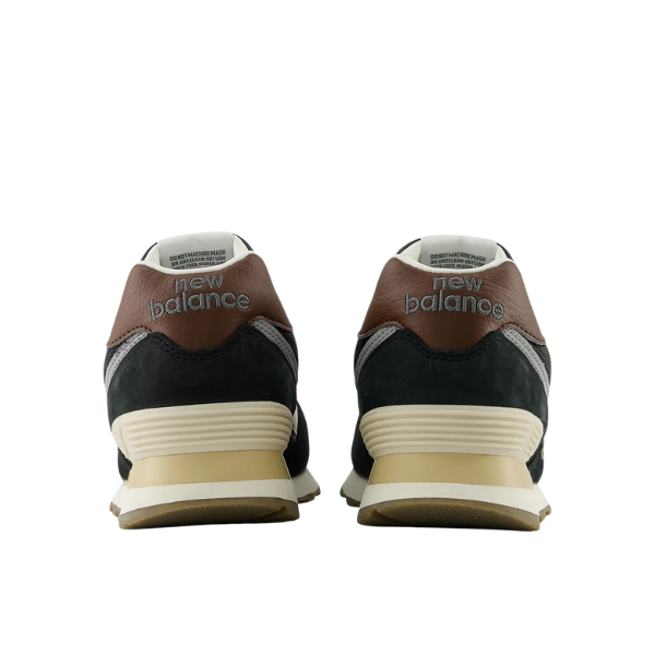 NEW BALANCE Men's 574 sneakers in brown/silver with white soles, shown from the back.