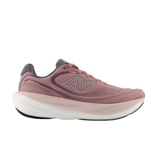 NEW BALANCE Women's 1080v15 Rose/White running shoe with gray accents and white sole, shown in profile.