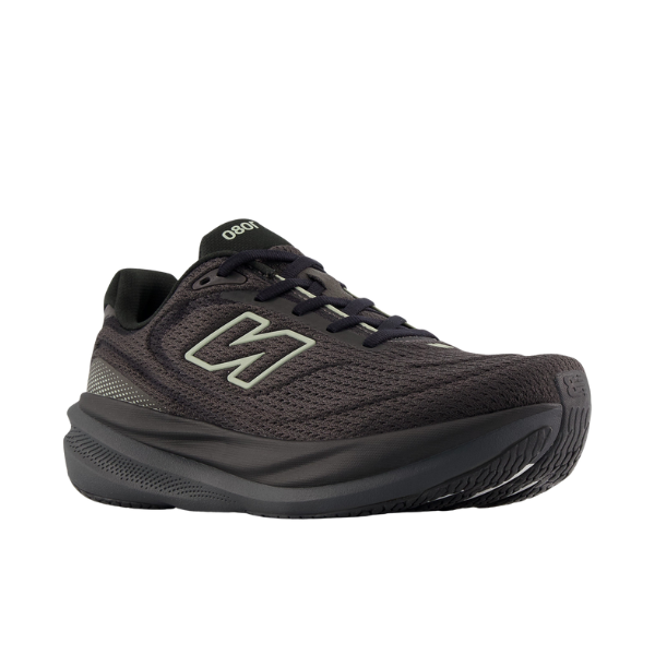 The New Balance Men's 1080v15 Black/Black shoe features a thick cushioned sole and mesh upper, shown from the side.