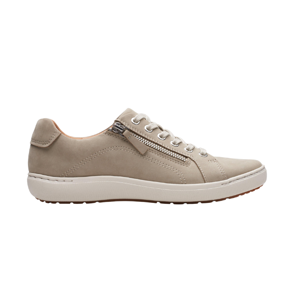 Clarks Women's Nalle Lace Stone Nubuck sneakers, white sole, Contour Cushion footbed, side zipper, left-side view.