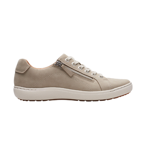 Clarks Women's Nalle Lace Stone Nubuck sneakers, white sole, Contour Cushion footbed, side zipper, left-side view.