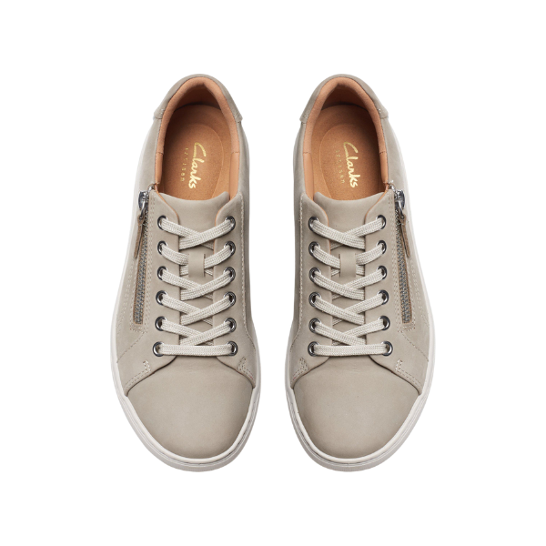 Clarks Women's Nalle Lace Stone Nubuck sneakers with laces, side zippers, and Contour Cushion footbed, top view.