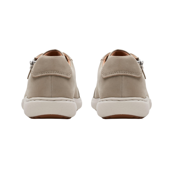 Rear view of CLARKS Nalle Lace Stone Nubuck women's sneakers with white soles and Contour Cushion footbed.