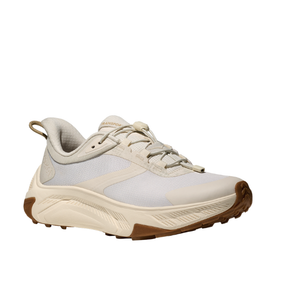 HOKA Women's Transport 2 Wide Alabaster—white sneaker with beige and brown sole, ideal for sustainable running.