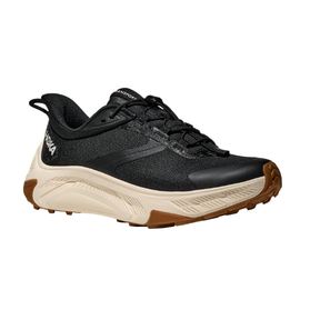 HOKA Women's Transport 2 Wide Black/White: sustainable mesh running shoes with beige midsole, brown outsole—city-to-trail ready.