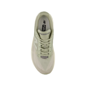 Top view of a light grey/white NEW BALANCE Mfcx5n9 Rebel V5, a lightweight running shoe with laces and labeled insole.