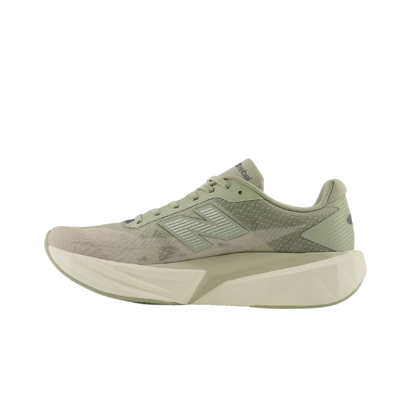 Grey/white NEW BALANCE Mfcx5n9 Rebel V5 running shoe with mesh upper and textured thick sole, left side view.