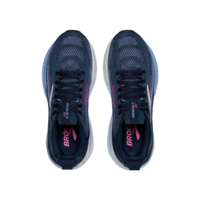A pair of BROOKS Women's Adrenaline GTS 25 Navy/Pink running shoes, viewed from above.