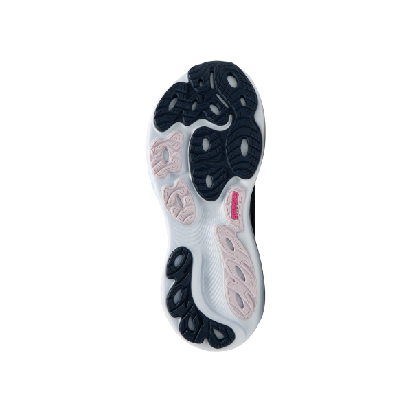 The Brooks Women's Adrenaline GTS 25 Navy/Pink has a sole with black, white, and light pink rubber grip sections.